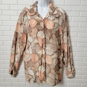 Vintage 80s Casual Corner Blouse Large Tan Silk Leaf Print Button Front Autumn